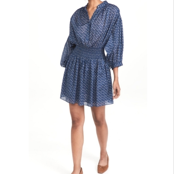 REBECCA TAYLOR Long Sleeve Ikat Cotton Smocked Dress - Picture 1 of 13